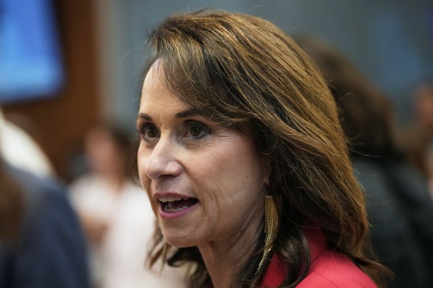 FILE - Louisiana Attorney General Liz Murrill speaks with attendees during an election night watch party for U.S. Senate candidate Rep. Julia Letlow, R-La., May 16, 2026, in Baton Rouge, La. (AP Photo/Matthew Hinton, File)