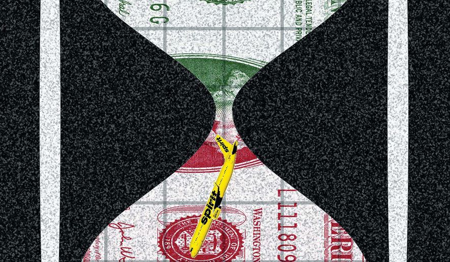 The United States of America's hourglass economy and Spirit Airlines illustration by Alexander Hunter/The Washington Times