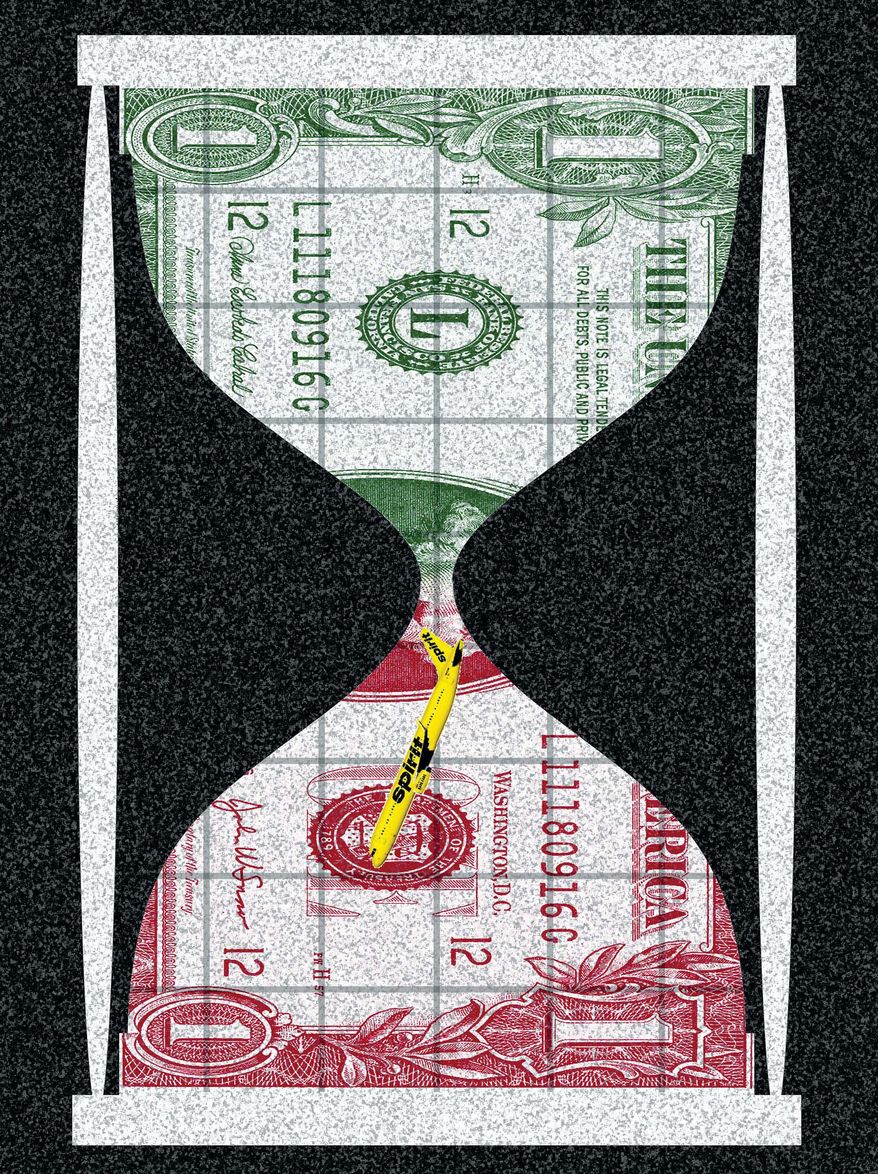 The United States of America's hourglass economy and Spirit Airlines illustration by Alexander Hunter/The Washington Times