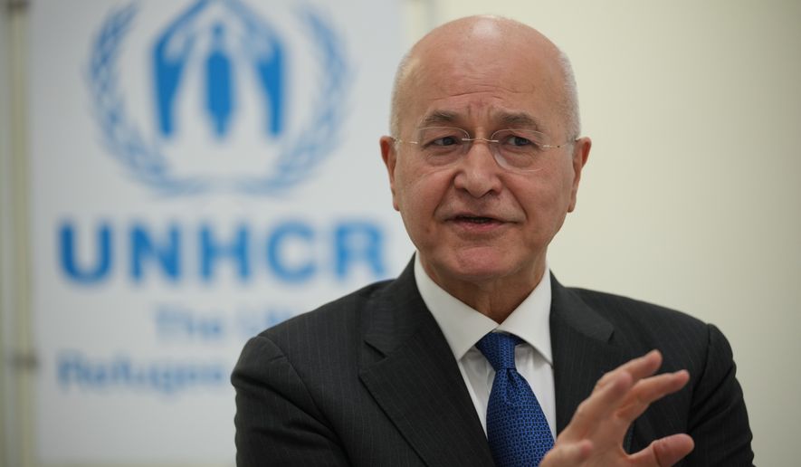 FILE -UNCHR High Commissioner Barham Salih talks during an interview with The Associated Press, in Rome, Jan. 26, 2026. (AP Photo/Andrew Medichini), File)