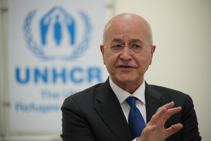 FILE -UNCHR High Commissioner Barham Salih talks during an interview with The Associated Press, in Rome, Jan. 26, 2026. (AP Photo/Andrew Medichini), File)