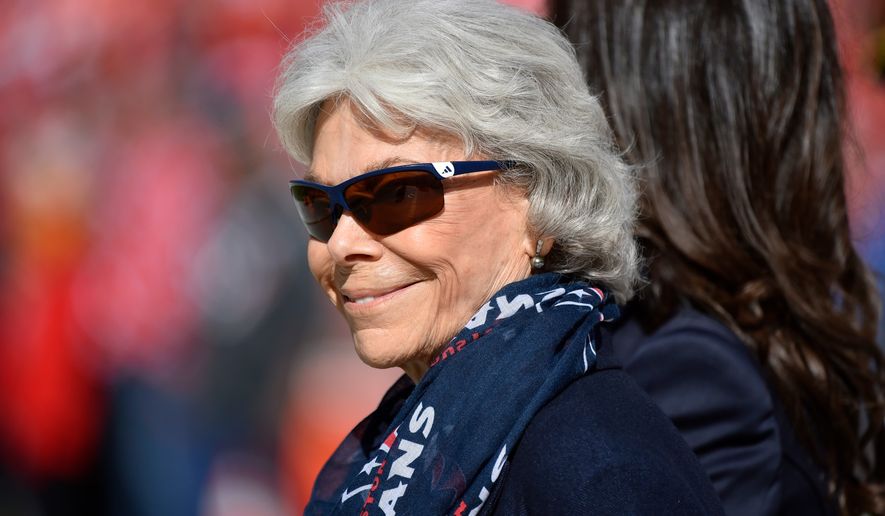 FILE - Houston Texans owner Janice McNair stands on the sidelines before an NFL football game between the Kansas City Chiefs and the Houston Texans in Kansas City, Mo., Oct. 13, 2019. (AP Photo/Ed Zurga, File)