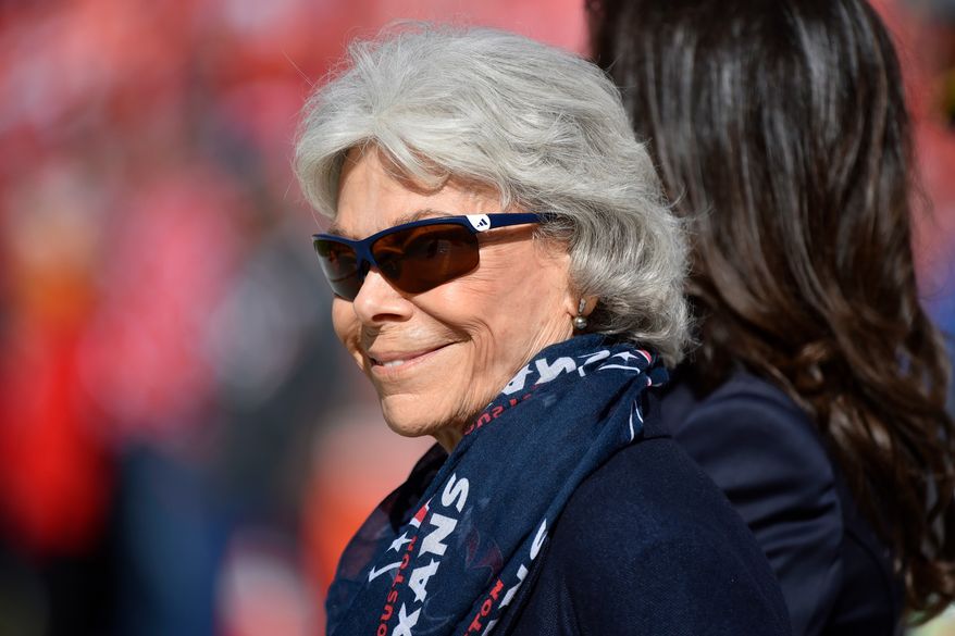 FILE - Houston Texans owner Janice McNair stands on the sidelines before an NFL football game between the Kansas City Chiefs and the Houston Texans in Kansas City, Mo., Oct. 13, 2019. (AP Photo/Ed Zurga, File)