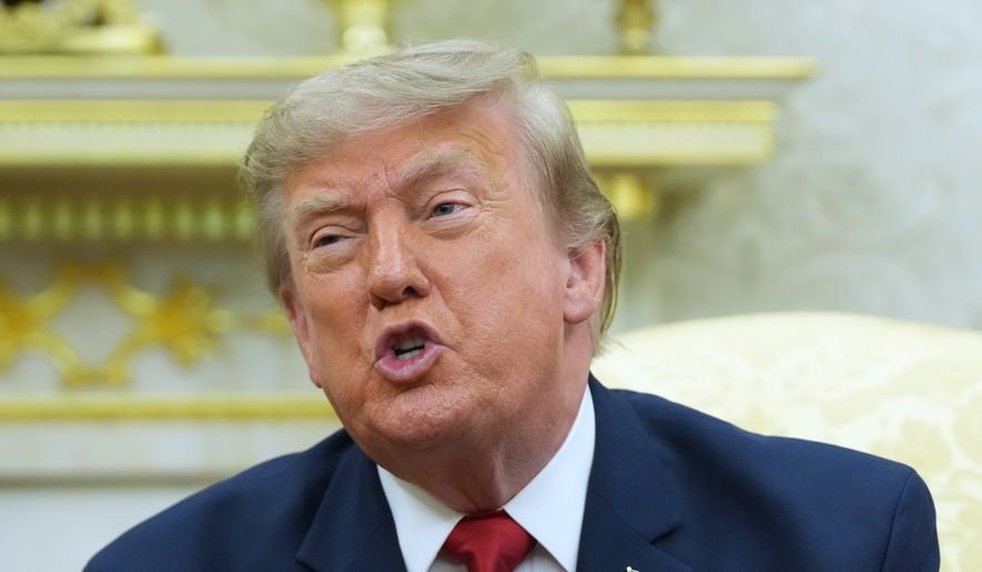 President Donald Trump speaks as he meets with Iraq's Prime Minister Ali al-Zaidi in the Oval Office of the White House, Tuesday, July 14, 2026, in Washington. (AP Photo/Julia Demaree Nikhinson)