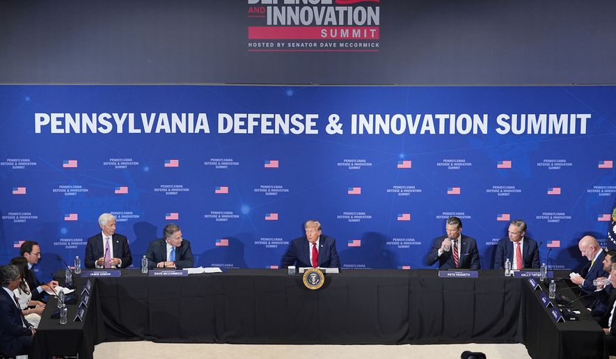 President Donald Trump speaks at the United States Army War College in Carlisle, Pa., during the Pennsylvania Defense and Innovation Summit, Wednesday, July 15, 2026. (AP Photo/Matt Rourke)