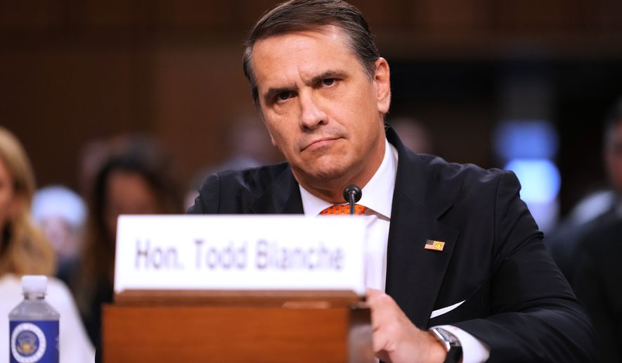 Acting Attorney General Todd Blanche appears before the Senate Judiciary Committee on Capitol Hill in Washington, Wednesday, July 15, 2026. (AP Photo/Mark Schiefelbein)