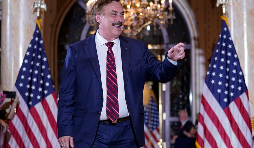 MyPillow founder Mike Lindell arrives before former President Donald Trump speaks at his Mar-a-Lago estate, April 4, 2023, in Palm Beach, Fla. (AP Photo/Evan Vucci) **FILE**