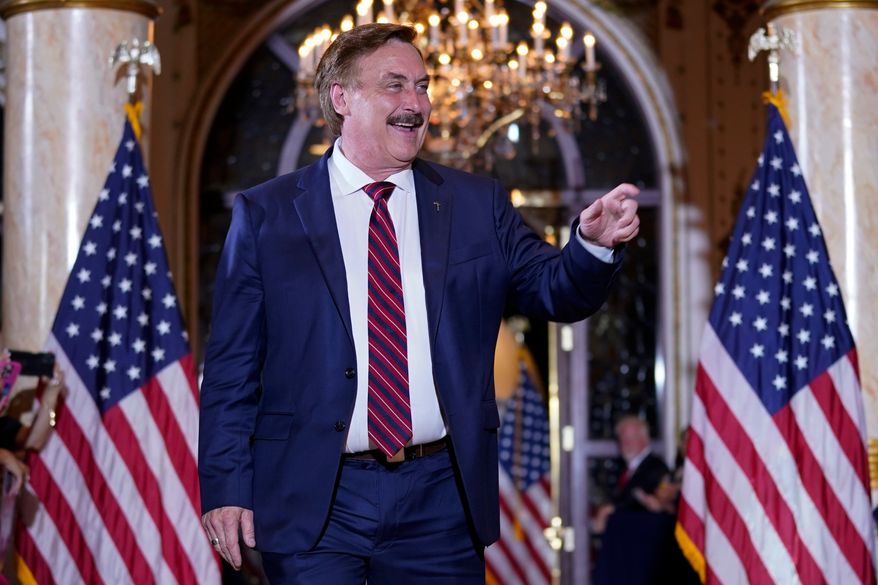MyPillow founder Mike Lindell arrives before former President Donald Trump speaks at his Mar-a-Lago estate, April 4, 2023, in Palm Beach, Fla. (AP Photo/Evan Vucci) **FILE**
