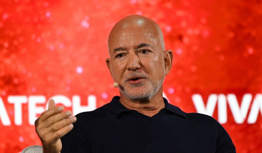 Amazon founder Jeff Bezos speaks at the Vivatech fair in Paris, Wednesday, June 17, 2026. (AP Photo/Emma Da Silva)