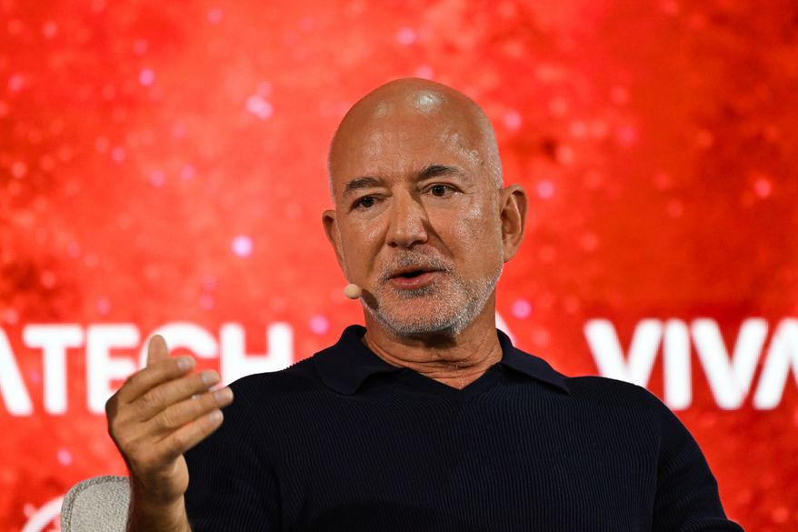Amazon founder Jeff Bezos speaks at the Vivatech fair in Paris, Wednesday, June 17, 2026. (AP Photo/Emma Da Silva)
