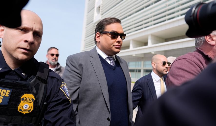 FILE - Former U.S. Rep. George Santos arrives at federal court for sentencing, April 25, 2025, in Central Islip, N.Y. (AP Photo/Julia Demaree Nikhinson, File)
