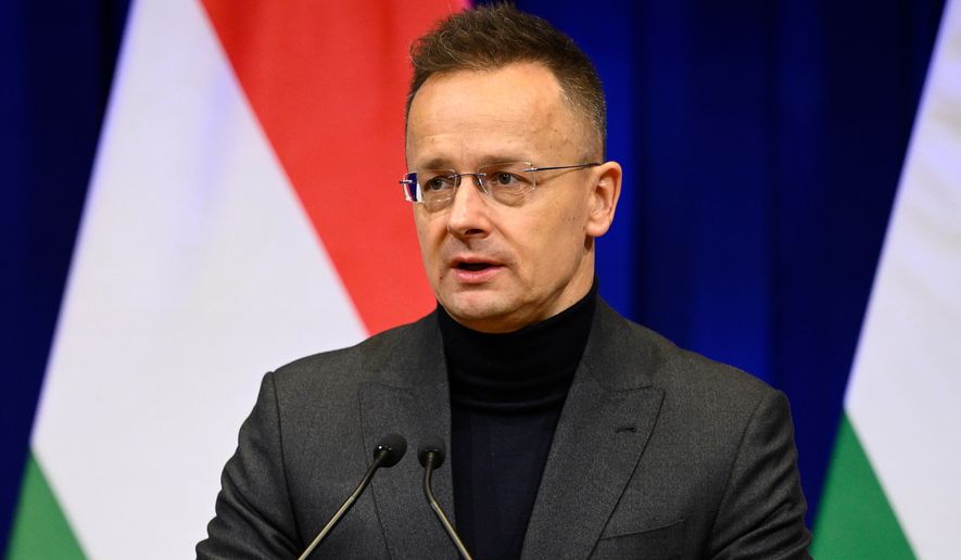 FILE - The then-Hungarian Minister of Foreign Affairs and Trade Peter Szijjarto holds a press conference following a cabinet meeting in Budapest, Hungary, Wednesday, Feb. 18, 2026. (Boglarka Bodnar/MTI via AP, File)
