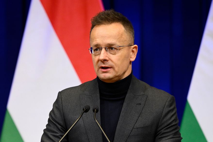 FILE - The then-Hungarian Minister of Foreign Affairs and Trade Peter Szijjarto holds a press conference following a cabinet meeting in Budapest, Hungary, Wednesday, Feb. 18, 2026. (Boglarka Bodnar/MTI via AP, File)