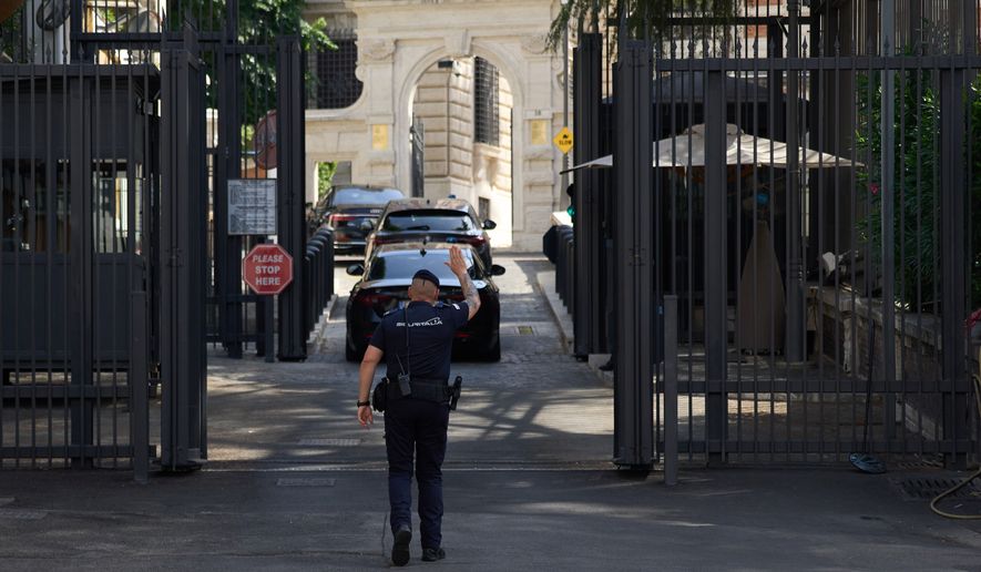 A motorcade arrives at the United States' Embassy in Rome, Italy, where ambassadors-level talks between Israel and Lebanon are expected to take place, Tuesday, July 14, 2026. (AP Photo/Alessandra Tarantino)