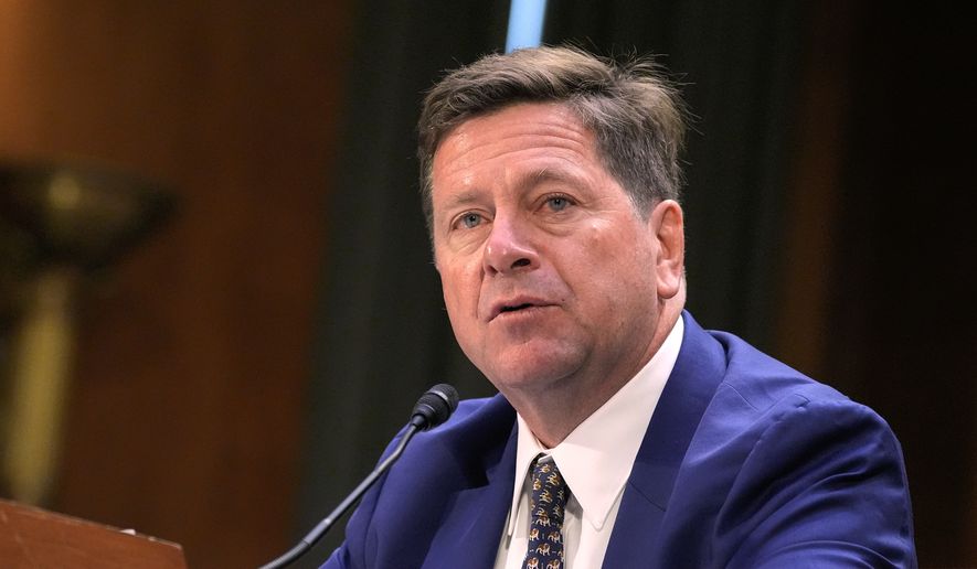 Jay Clayton testifies during a Senate Intelligence Committee confirmation hearing to be the next director of national intelligence on Capitol Hill, Wednesday, July 15, 2026, in Washington. (AP Photo/Mariam Zuhaib)