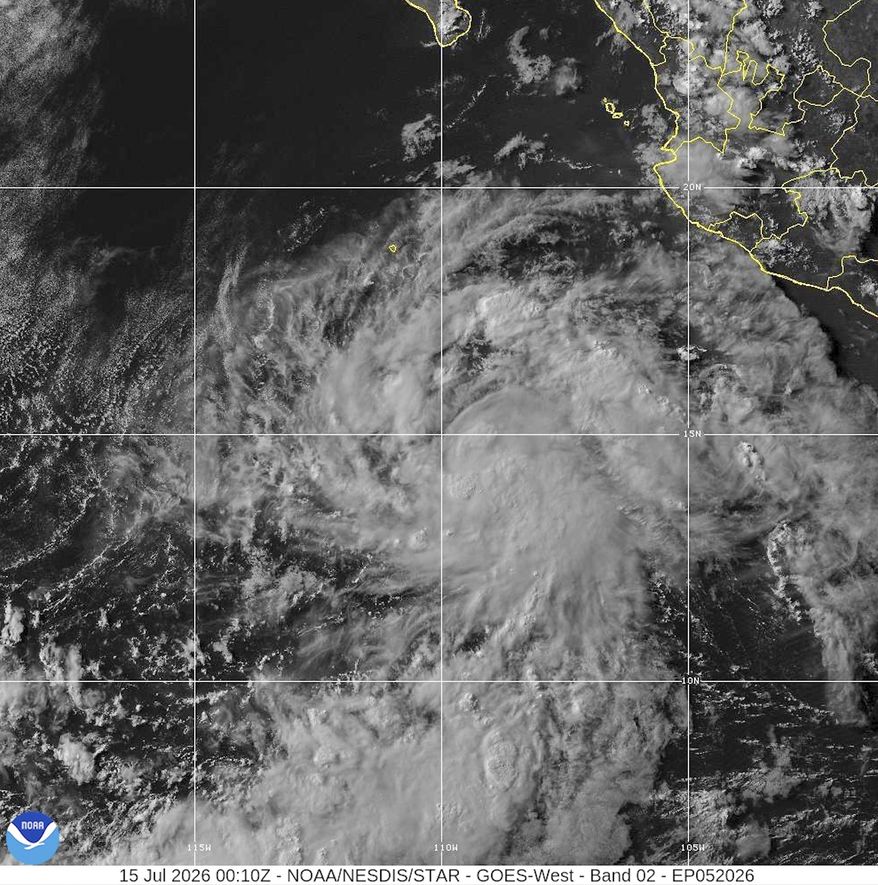 This satellite image from the National Oceanic and Atmospheric Administration shows Tropical Storm Elida on Wednesday, July 15, 2026. (NOAA via AP)