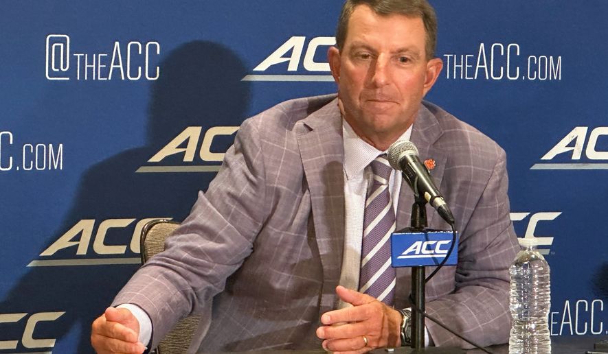 Clemson coach Dabo Swinney speaks at a news conference during the ACC Kickoff preseason football media days Thursday, July 16, 2026, in Charlotte, N.C. (AP Photo/Aaron Beard)