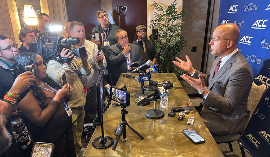 Virginia Tech head football coach James Franklin speaks during the ACC Kickoff preseason football media days Thursday, July 16, 2026, in Charlotte, N.C. (AP Photo/Aaron Beard)