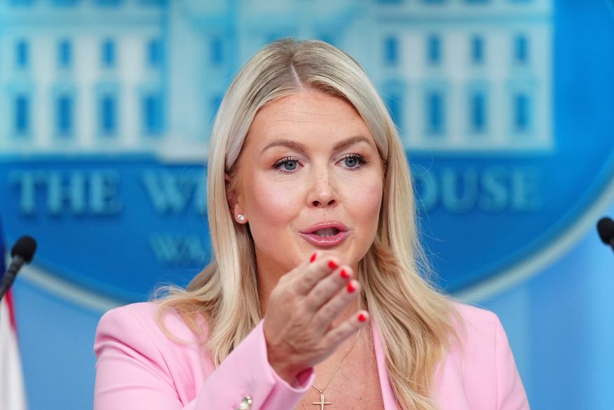 White House press secretary Karoline Leavitt speaks with reporters in the James Brady Press Briefing Room at the White House, Thursday, July 16, 2026, in Washington. (AP Photo/Julia Demaree Nikhinson)