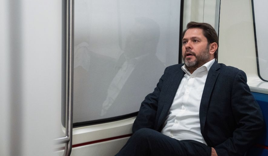 Sen. Ruben Gallego, D-Ariz., sits on the Senate subway at the Capitol during votes in Washington, Thursday, July 16, 2026. (AP Photo/Allison Robbert)