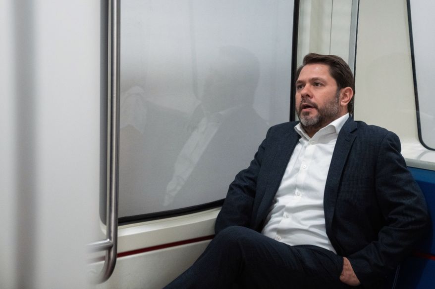 Sen. Ruben Gallego, D-Ariz., sits on the Senate subway at the Capitol during votes in Washington, Thursday, July 16, 2026. (AP Photo/Allison Robbert)