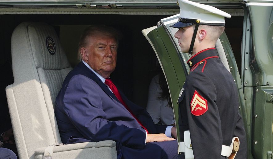 President Donald Trump departs on Marine One after speaking at the United States Army War College in Carlisle, Pa., at the Pennsylvania Defense and Innovation Summit, Wednesday, July 15, 2026. (AP Photo/Julia Demaree Nikhinson)