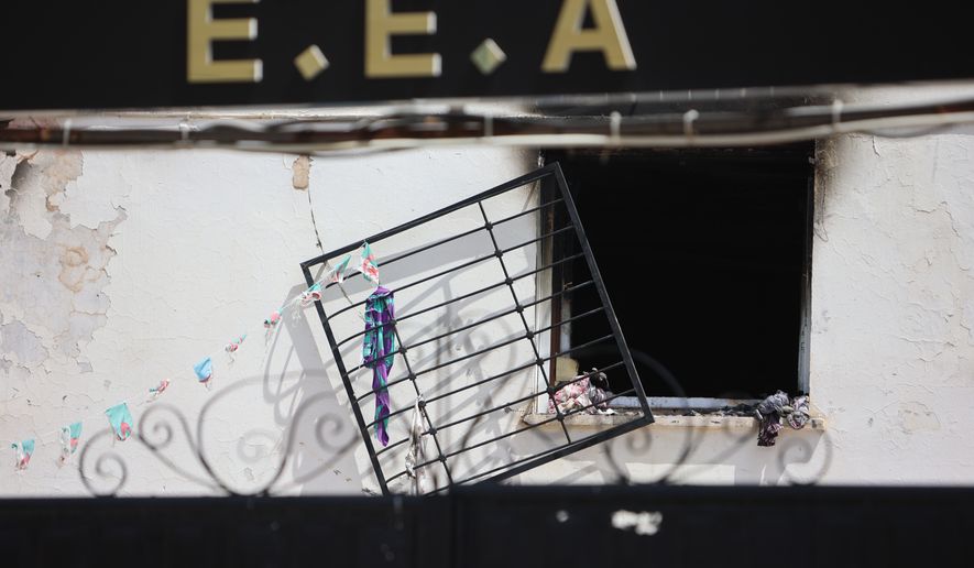 A view of the fire damaged orphanage in Mohammedia, near Algiers, Algeria, Thursday, July 16, 2026. (AP Photo)