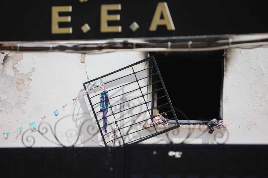 A view of the fire damaged orphanage in Mohammedia, near Algiers, Algeria, Thursday, July 16, 2026. (AP Photo)