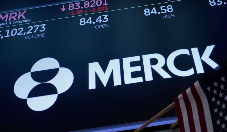 The logo for Merck appears above a trading post on the floor of the New York Stock Exchange, May 1, 2025. (AP Photo/Richard Drew, File)