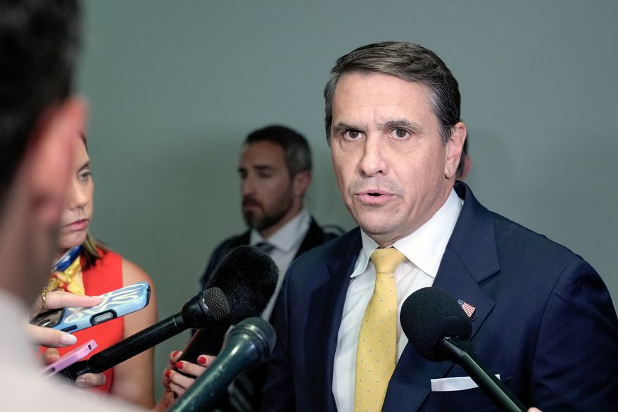 Acting Attorney General Todd Blanche talks with reporters after attending a meeting related to survivors of convicted sex offender Jeffrey Epstein, in Washington, Thursday, July 16, 2026. (AP Photo/Mariam Zuhaib)
