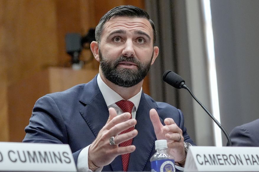 Cameron Hamilton testifies during a Senate Committee on Homeland Security and Government Affairs hearing to examine his nomination as administrator of the Federal Emergency Management Agency on Capitol Hill in Washington on Wednesday, June 17, 2026. (AP Photo/Mariam Zuhaib) **FILE**