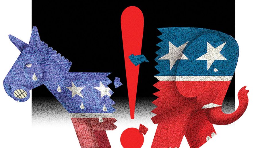 Democrats, Republicans no longer center illustration by Alexander Hunter/The Washington Times