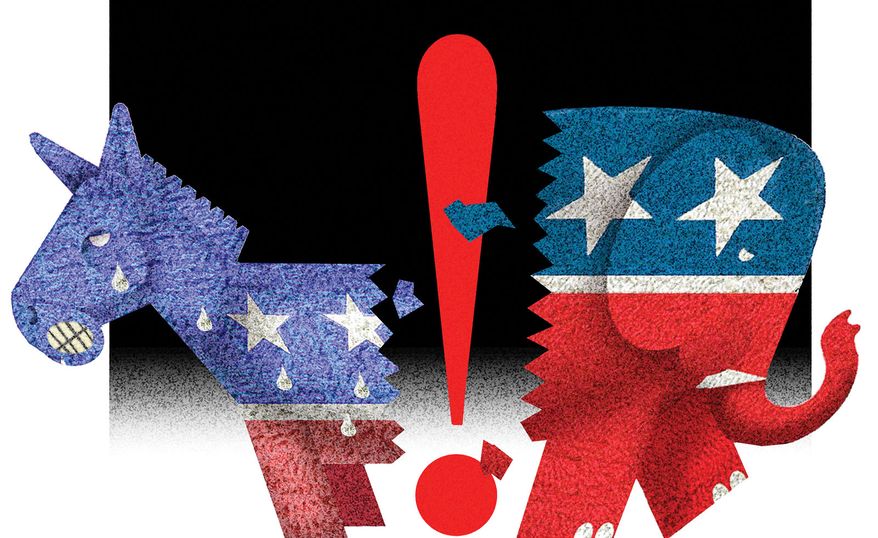 Democrats, Republicans no longer center illustration by Alexander Hunter/The Washington Times