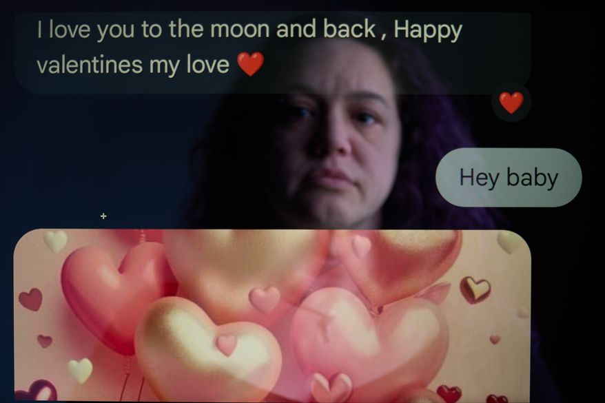 A portrait of Jean Booth and a screenshot of a text message exchange with a man she was communicating with for eight months who turned out to be a scammer, are seen in this single long exposure photograph, Dec. 9, 2025, in Westlake, Ohio. (AP Photo/David Goldman)