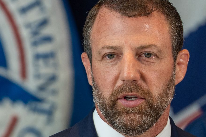 Department of Homeland Security Secretary Markwayne Mullin speaks during a news conference Wednesday, July 1, 2026, in New York. (AP Photo/David 'Dee' Delgado)