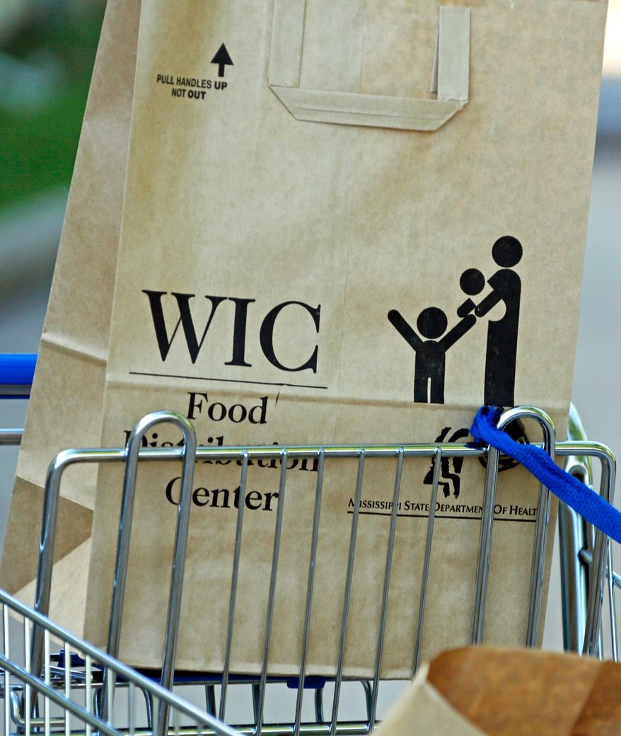 A Special Supplemental Nutrition Program for Women, Infants and Children, better known as WIC, bag sits in a shopping cart in Jackson, Miss., on Oct. 3, 2013. (AP Photo/Rogelio V. Solis) **FILE**