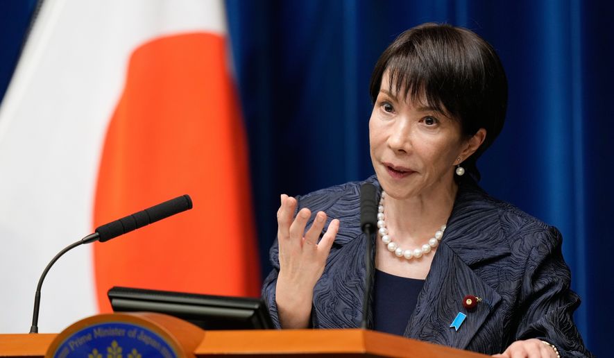 Japan's Prime Minister Sanae Takaichi speaks during a news conference at the prime minister's office in Tokyo, Oct. 21, 2025. (AP Photo/Eugene Hoshiko, Pool, File)