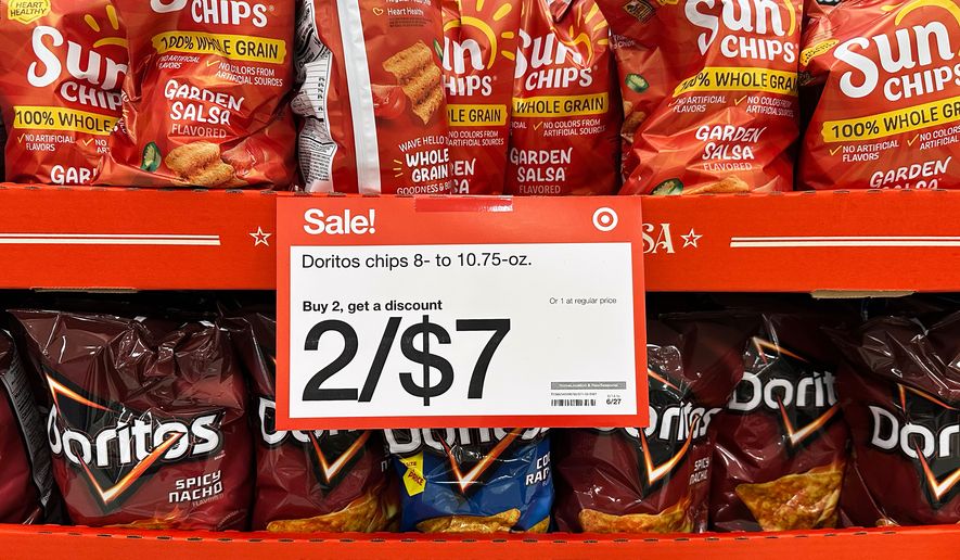 A sale information sign is displayed at a grocery store in Wheeling, Ill., Thursday, June 25, 2026. (AP Photo/Nam Y. Huh)