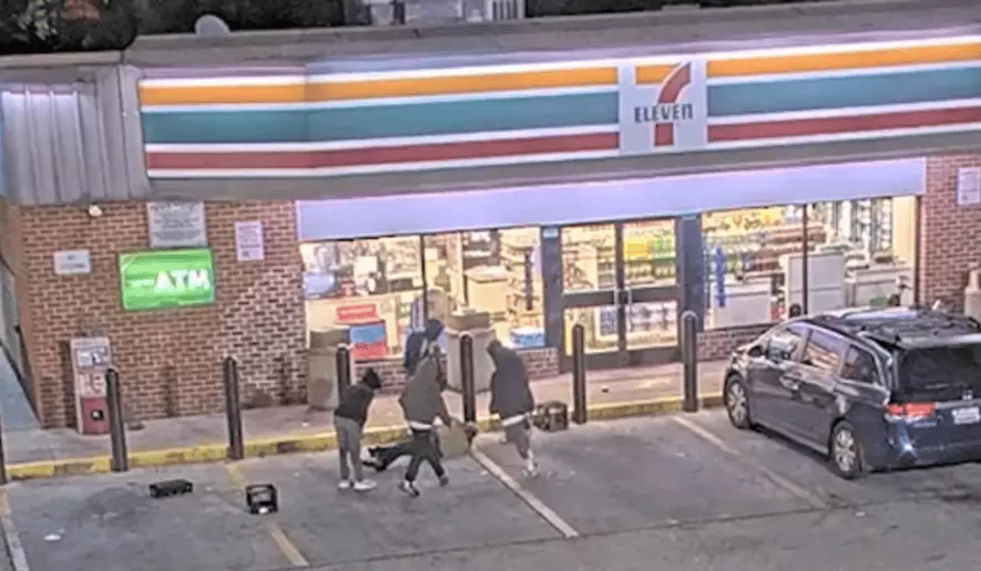 Six suspects attack a 74-year-old man outside of a 7-Eleven in Baltimore on July 7, 2026. (Credit: Baltimore Police Department)