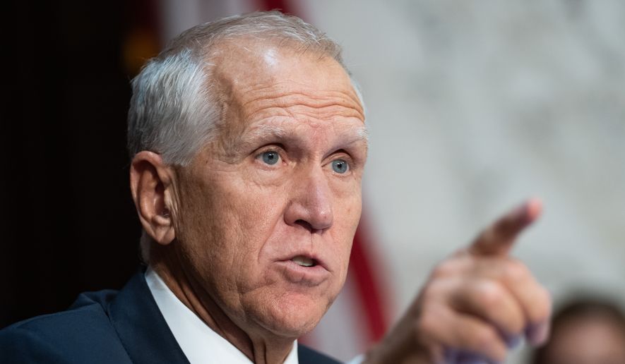 Sen. Thom Tillis, R-N.C., speaks during a Senate Judiciary Committee hearing with Acting Attorney General Todd Blanche on Capitol Hill in Washington, Wednesday, July 15, 2026. (AP Photo/Allison Robbert)