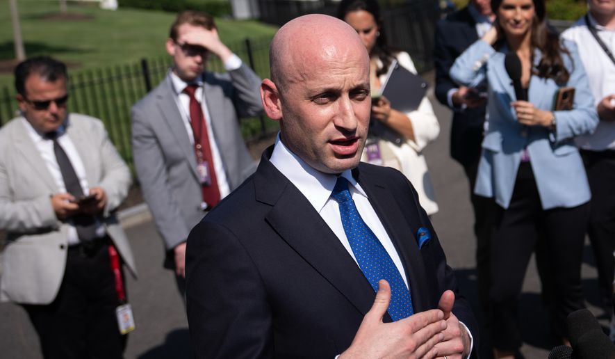 White House deputy chief of staff for policy Stephen Miller speaks with reporters outside the White House, Monday, July 13, 2026, in Washington. (AP Photo/Julia Demaree Nikhinson)