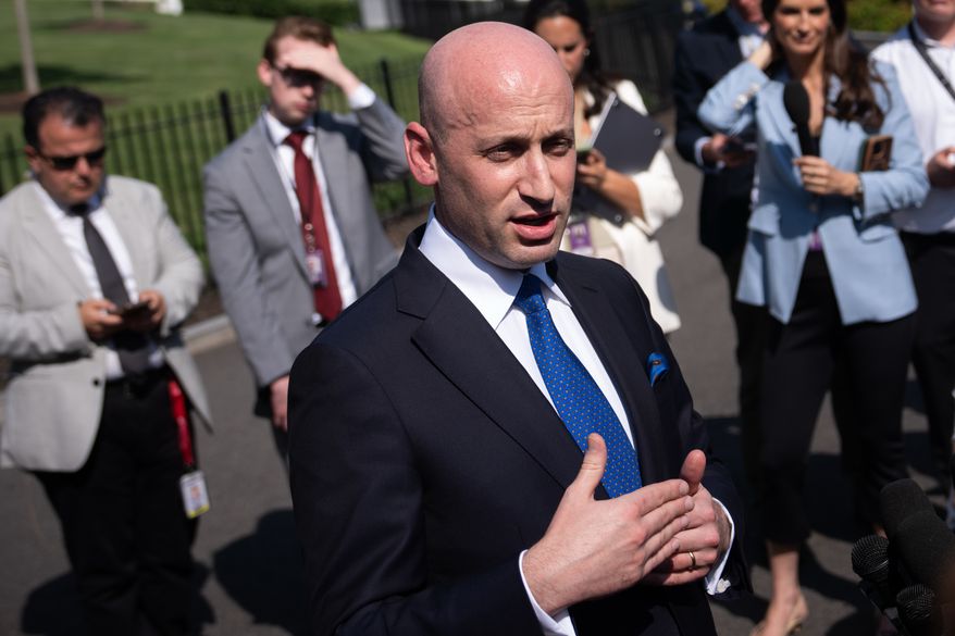 White House deputy chief of staff for policy Stephen Miller speaks with reporters outside the White House, Monday, July 13, 2026, in Washington. (AP Photo/Julia Demaree Nikhinson)