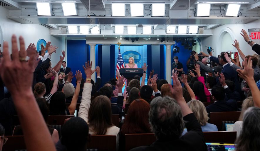 White House press secretary Karoline Leavitt speaks with reporters in the James Brady Press Briefing Room at the White House, Thursday, July 16, 2026, in Washington. (AP Photo/Julia Demaree Nikhinson)