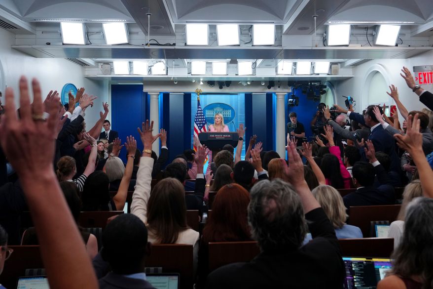 White House press secretary Karoline Leavitt speaks with reporters in the James Brady Press Briefing Room at the White House, Thursday, July 16, 2026, in Washington. (AP Photo/Julia Demaree Nikhinson)