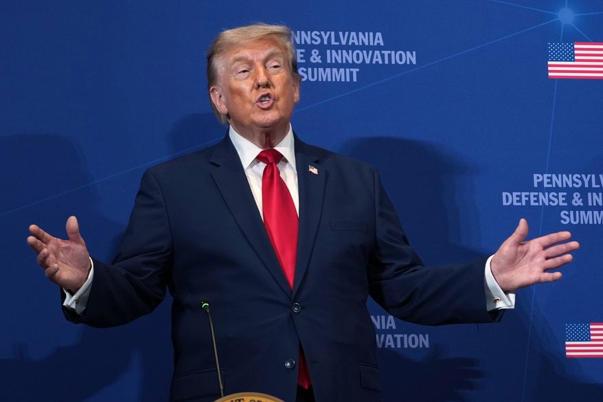 President Donald Trump speaks at the United States Army War College in Carlisle, Pa., during the Pennsylvania Defense and Innovation Summit, Wednesday, July 15, 2026. (AP Photo/Julia Demaree Nikhinson)