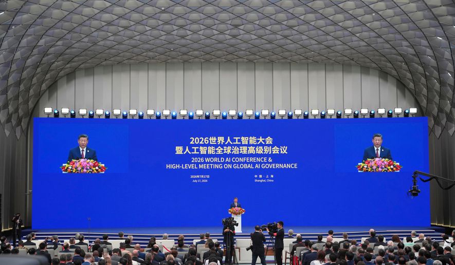 Chinese President Xi Jinping speaks at the opening ceremony for the World AI Conference in Shanghai, Friday, July 17, 2026. (AP Photo/Ng Han Guan, Pool)
