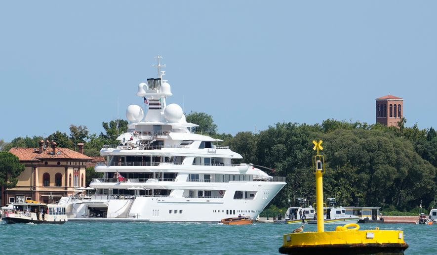 U.S. Ambassador Tilman Fertitta's superyacht 'Boardwall' is docked as part of "Freedom 250 Coastal Diplomacy" tour, as protest by activists is expected this afternoon, in Venice, Friday, July 17, 2026. (AP Photo/Luca Bruno)