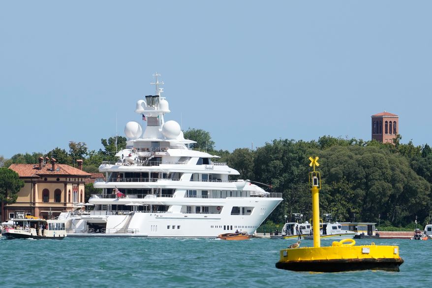 U.S. Ambassador Tilman Fertitta's superyacht 'Boardwall' is docked as part of "Freedom 250 Coastal Diplomacy" tour, as protest by activists is expected this afternoon, in Venice, Friday, July 17, 2026. (AP Photo/Luca Bruno)