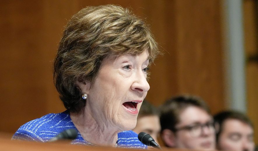 Sen. Susan Collins, R-Maine, asks a question during a Senate Health Education Labor and Pension committee confirmation hearing for Keith Sonderling to be the Labor Secretary, on Capitol Hill, Thursday, July 16, 2026, in Washington. (AP Photo/Mariam Zuhaib)