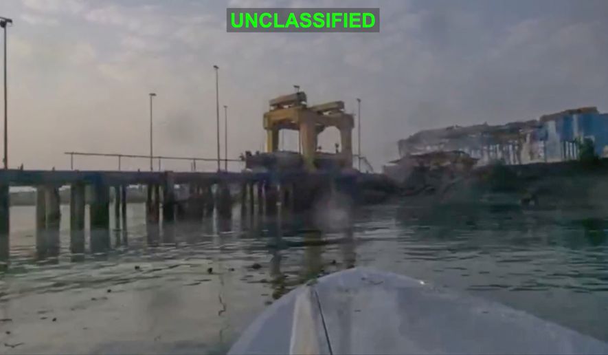 This image from video released by U.S. Central Command, shows a view from a Corsair unmanned surface vessel, also called one-way attack surface drone, fired by U.S. military, closing in on Bandar Abbas Naval Base, Iran, July 12, 2026. (U.S. Central Command via AP)